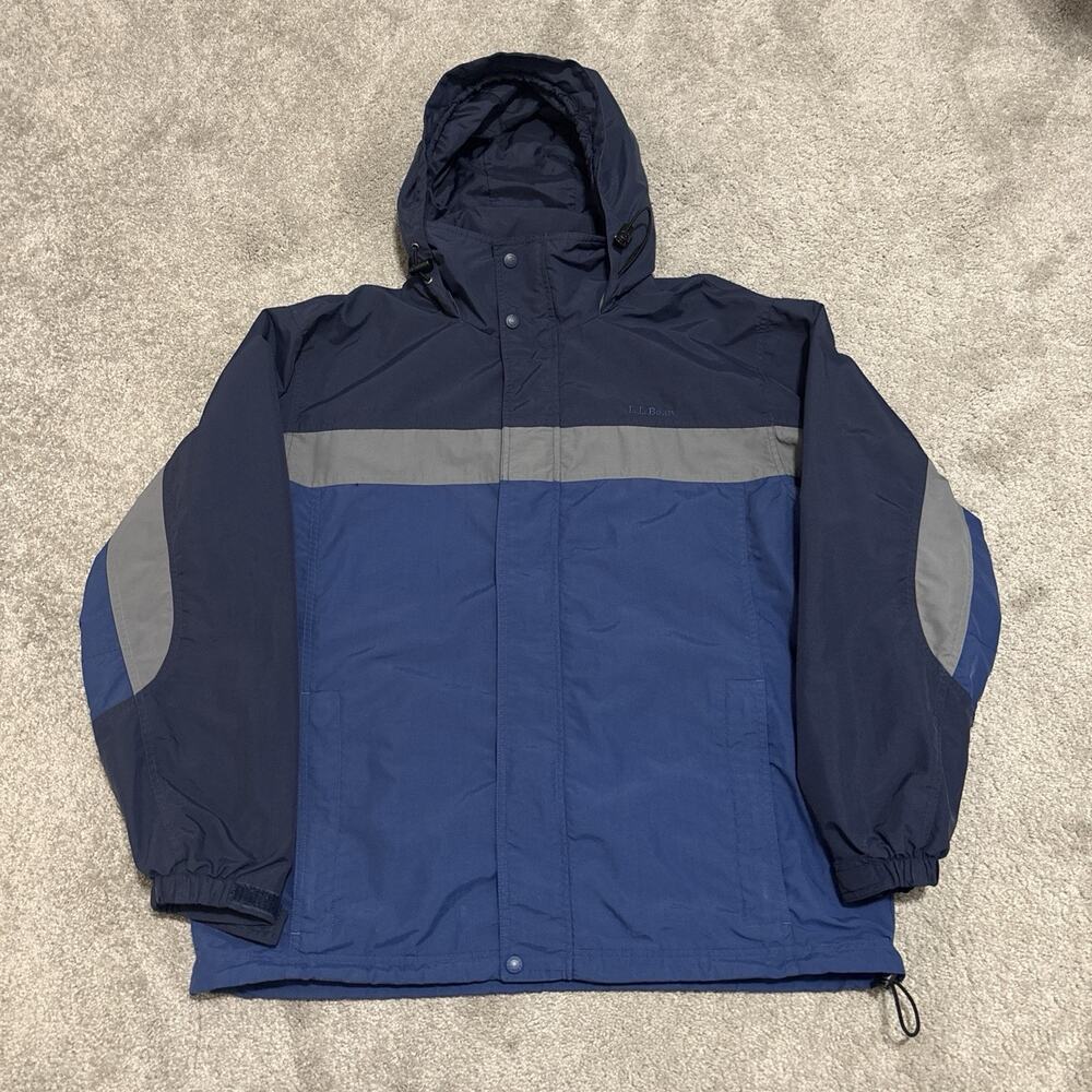 LL Bean Jacket Men's Large Blue Hooded Rain Coat Nylon Hiking Outdoors